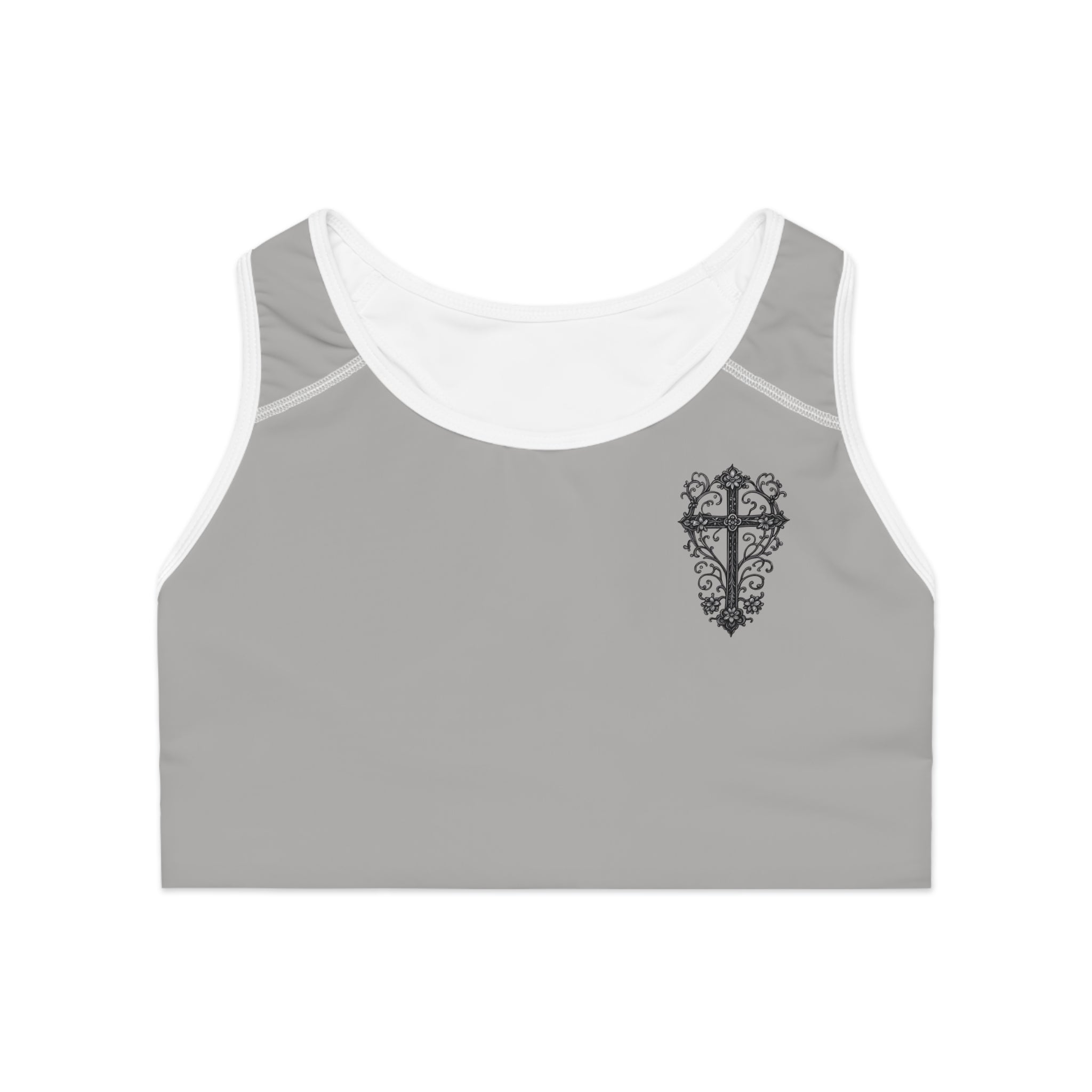 Cross Heart Sports Bra — Floral Cross Chest Design with Psalm 115:14 Inspirational Back Quote