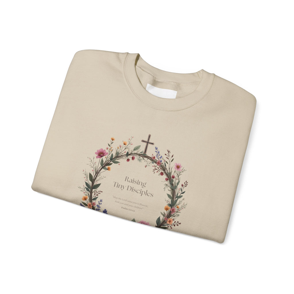 Crewneck Sweatshirt — “Raising Little Disciples” Vintage Christian Graphic