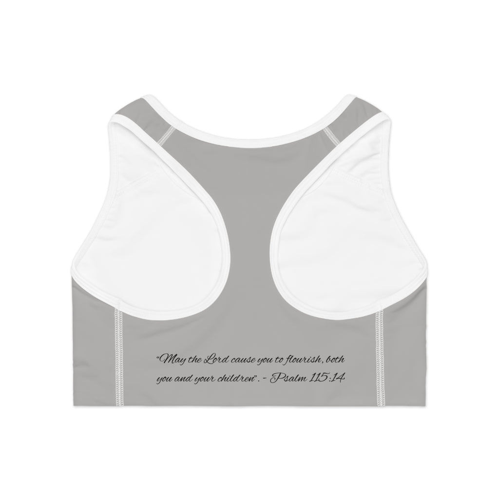 Cross Heart Sports Bra — Floral Cross Chest Design with Psalm 115:14 Inspirational Back Quote