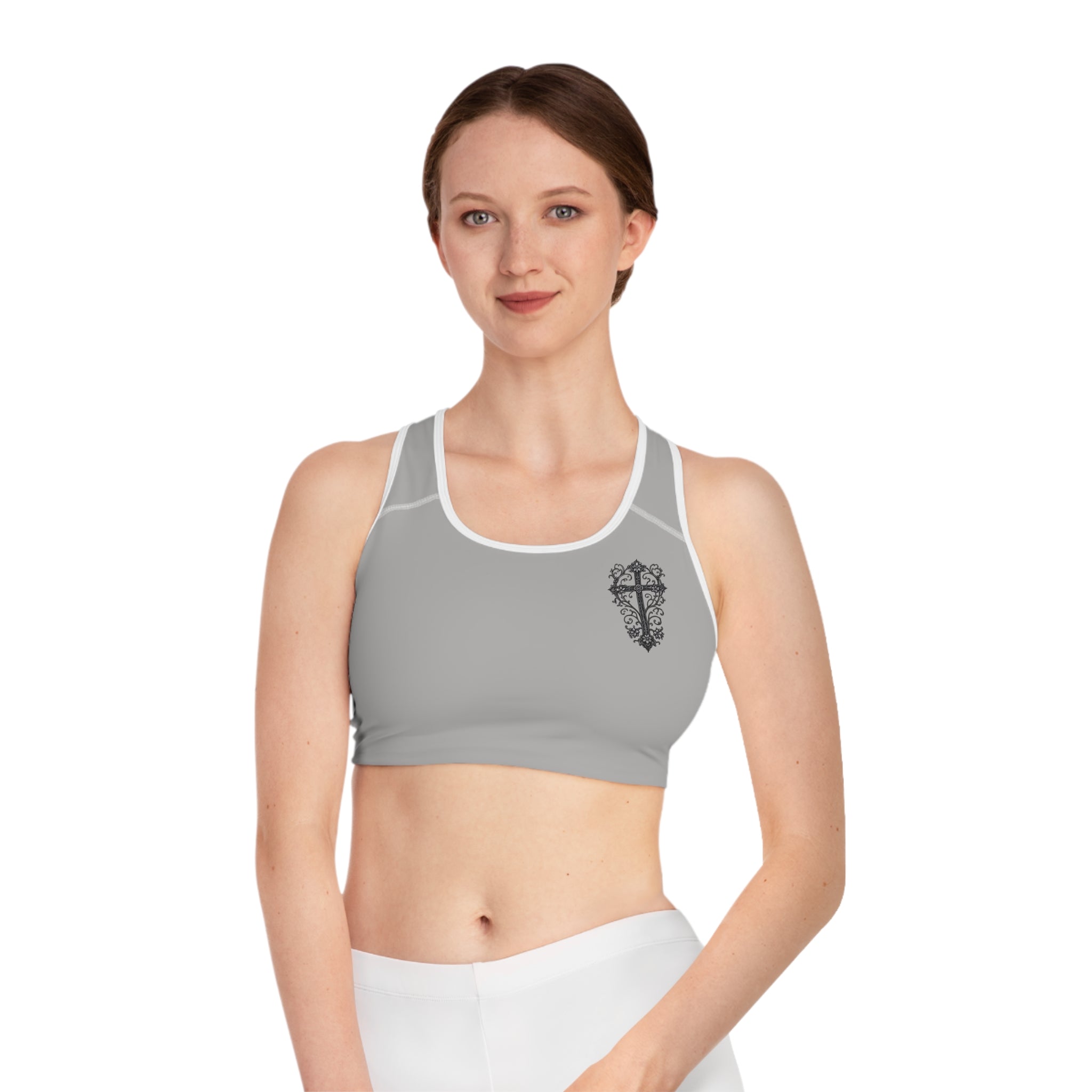 Cross Heart Sports Bra — Floral Cross Chest Design with Psalm 115:14 Inspirational Back Quote