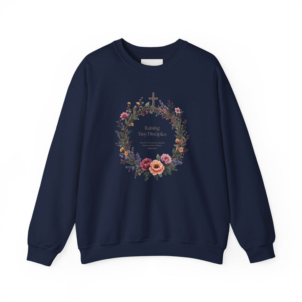 Crewneck Sweatshirt — “Raising Little Disciples” Vintage Christian Graphic