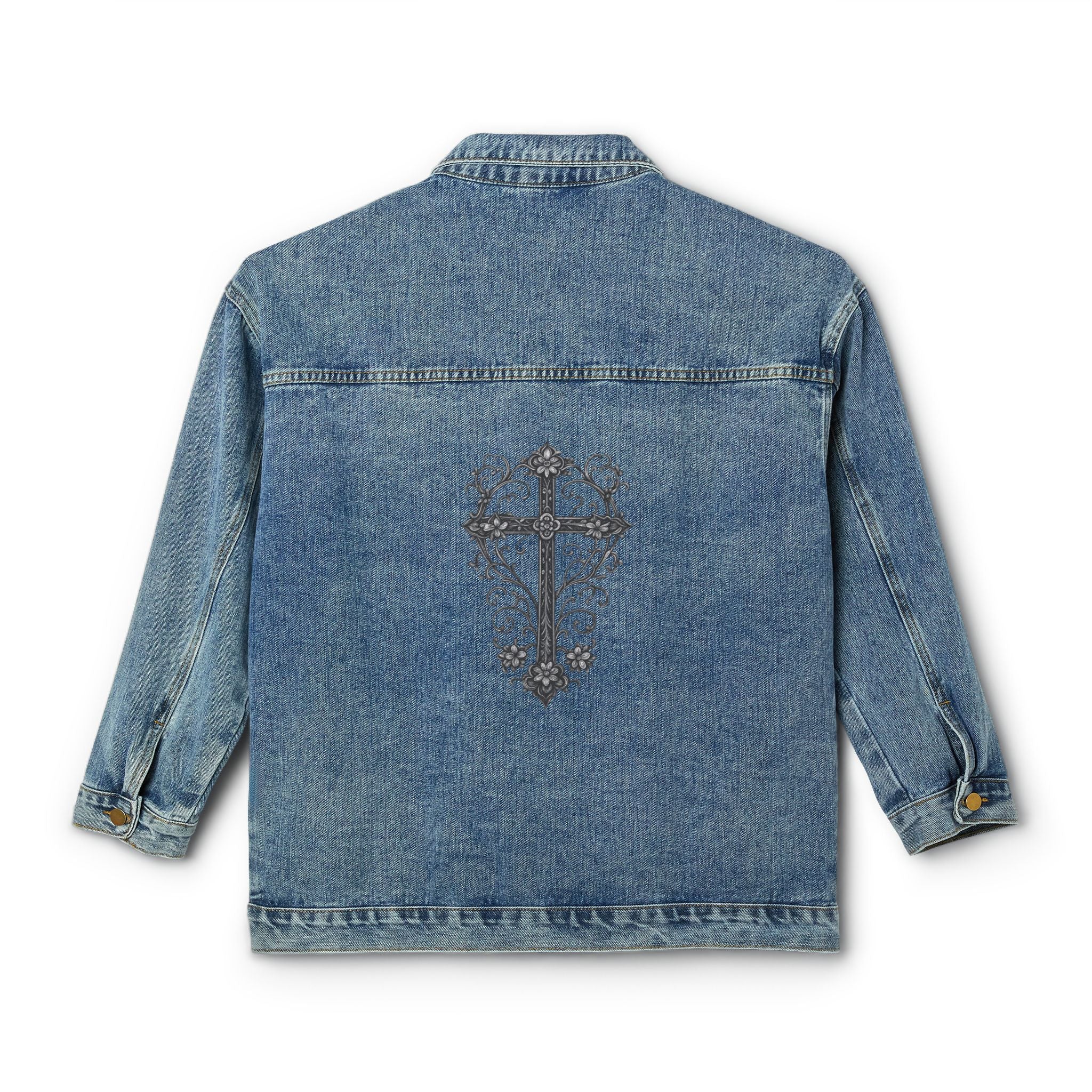 Women's Denim Jacket with Embroidered Cross — Vintage Christian Faith Jean Jacket