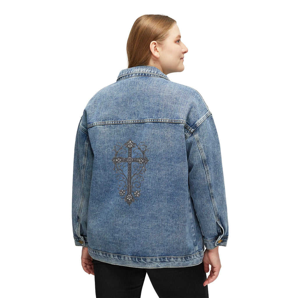 Women's Denim Jacket with Embroidered Cross — Vintage Christian Faith Jean Jacket