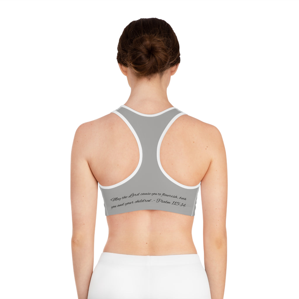 Cross Heart Sports Bra — Floral Cross Chest Design with Psalm 115:14 Inspirational Back Quote